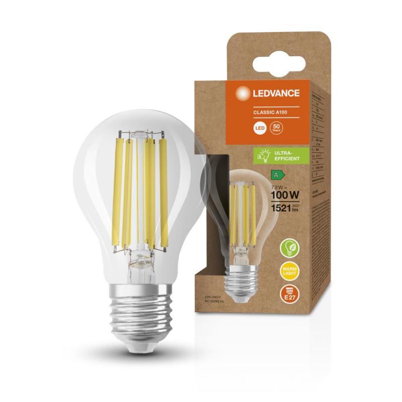 Ledvance E27 Besonders effiziente LED Lampe Classic klar 7,2W wie 100W 3000K warmweißes Licht